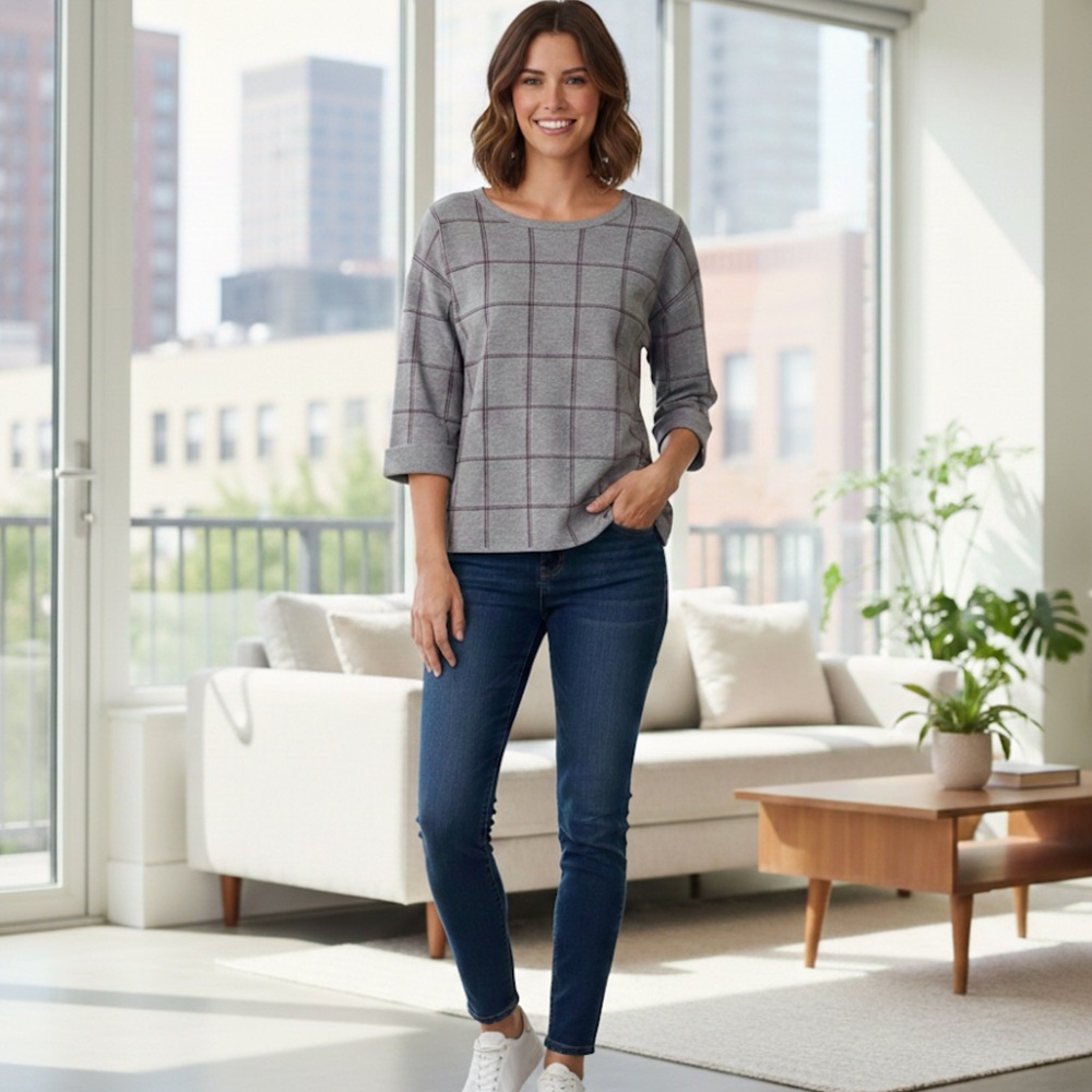 NWT TAHARI Pullover Plaid Knit Sweater Top 3/4 Sleeves Tunic Grey Red Women’s 1X - Picture 8 of 13